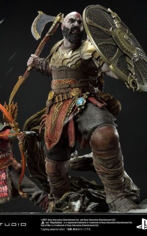 Kratos and Atreus in the Valkyrie God of War Premium Masterline Series Statue by Prime 1 Studio